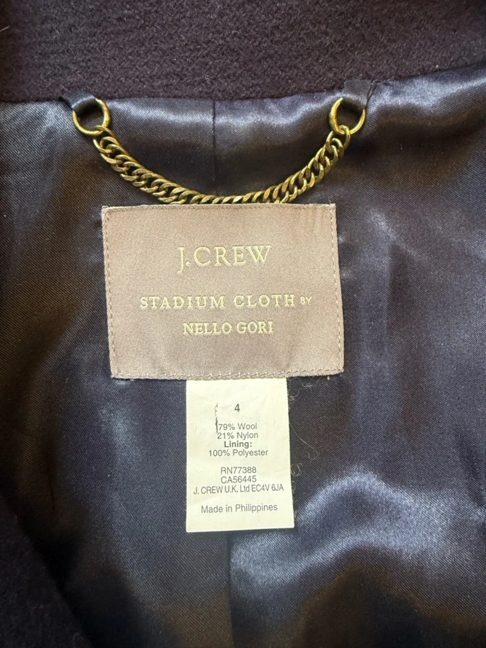 J. Crew Navy* Wool Stadium Cloth Coat with Gold Chain - Picture 2 of 4
